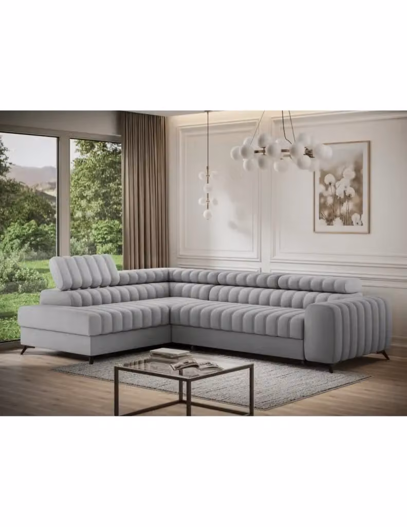 Divano ad angolo moderno MEUBLORAMA collezione KANEDOJO colore Grigio con funzione letto e poggiatesta regolabile L/P/H: 269 x 204 x 123 cm – 2