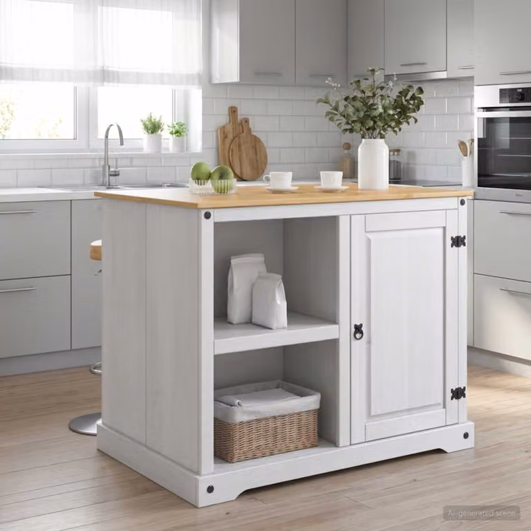 Set isola da cucina moderna vidaXL in legno di pino bianco e cera di miele L: 112 cm, P: 77 cm, H: 91,5 cm