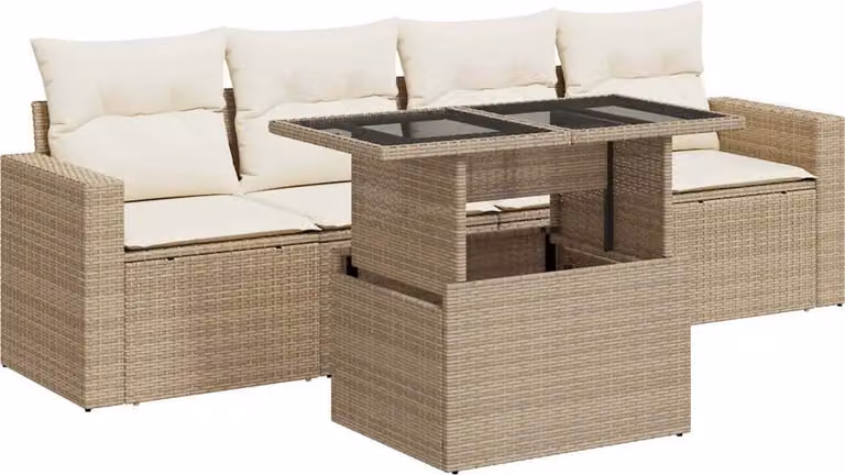 Set Divano da Giardino 5 pz con Cuscini Beige in Polyrattan