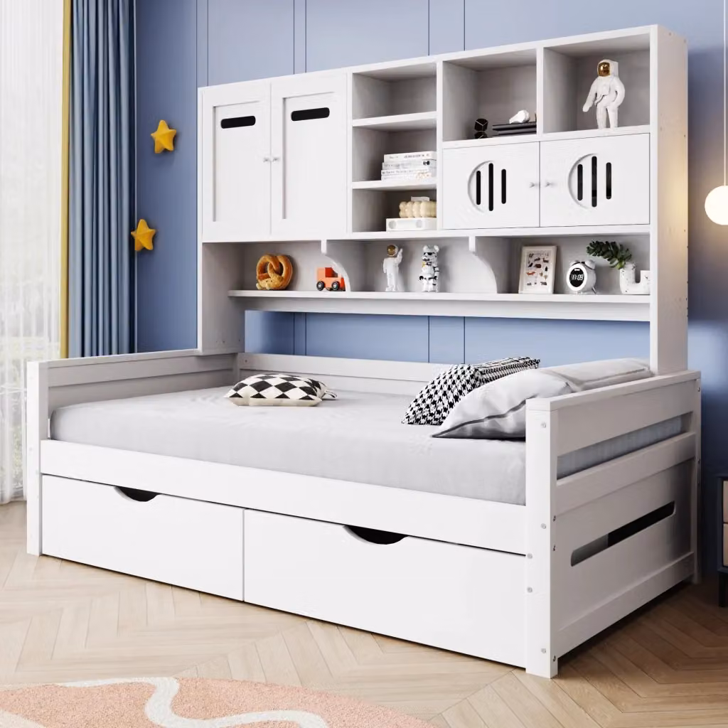 Letto singolo salvaspazio Chicfurn in legno e MDF bianco con 2 cassetti e vano contenitore L/P/H: 205 x 90 x 66,8 cm – 2