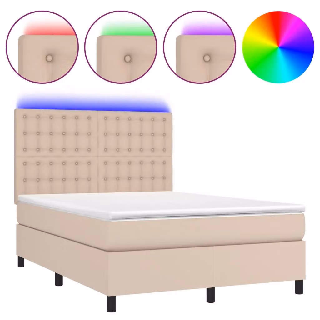 Letto con contenitore a molle e illuminazione LED vidaXL, rivestimento in similpelle color cappuccino, L/P/H: 140 x 190 cm – 2