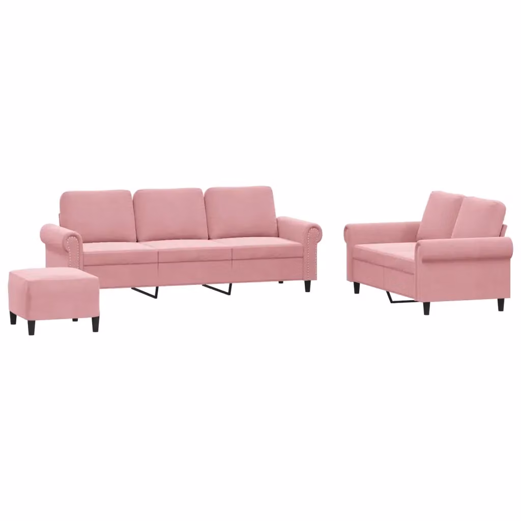 Set di divani vidaXL da 3 pezzi in velluto rosa con pouf e cuscini per soggiorno moderno – 2
