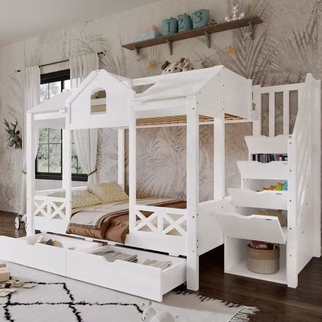 Letto a castello per bambini con 2 cassetti; scala con 4 vani; tetto e finestre; bianco