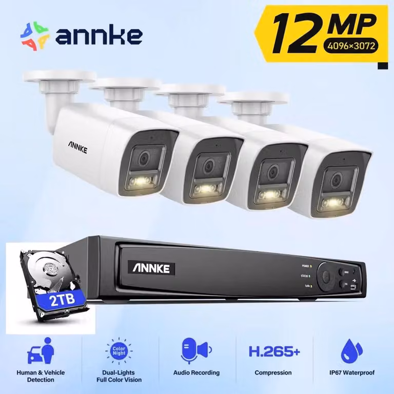 Sistema di videosorveglianza – Registratore NVR a 8 canali e telecamere da 12MP – Visione notturna – Audio – Resistente agli agenti atmosferici