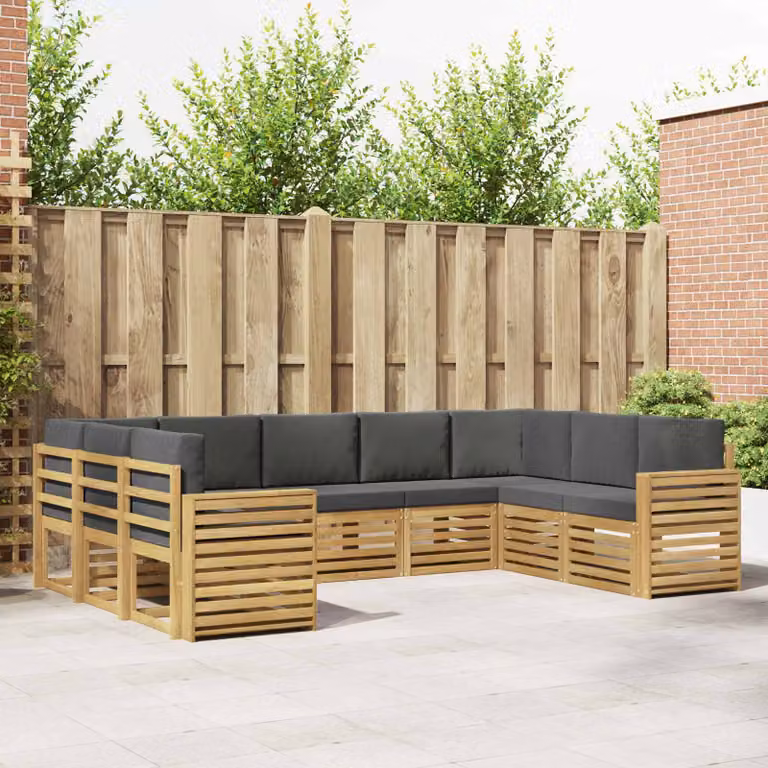 Set di divani da giardino a L vidaXL in legno di acacia massello con cuscini inclusi, marrone e grigio