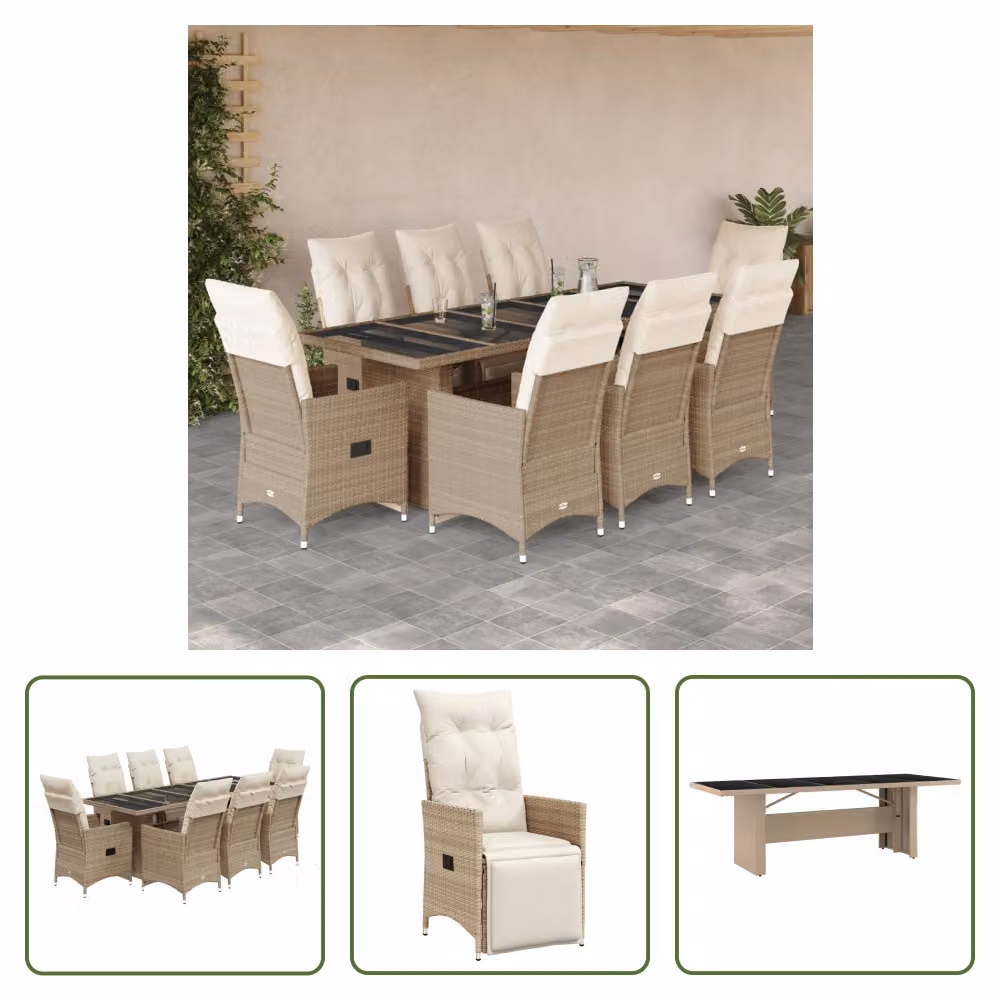 The Living Store Set bistrot da giardino 9 pezzi con cuscini Beige in poly rattan