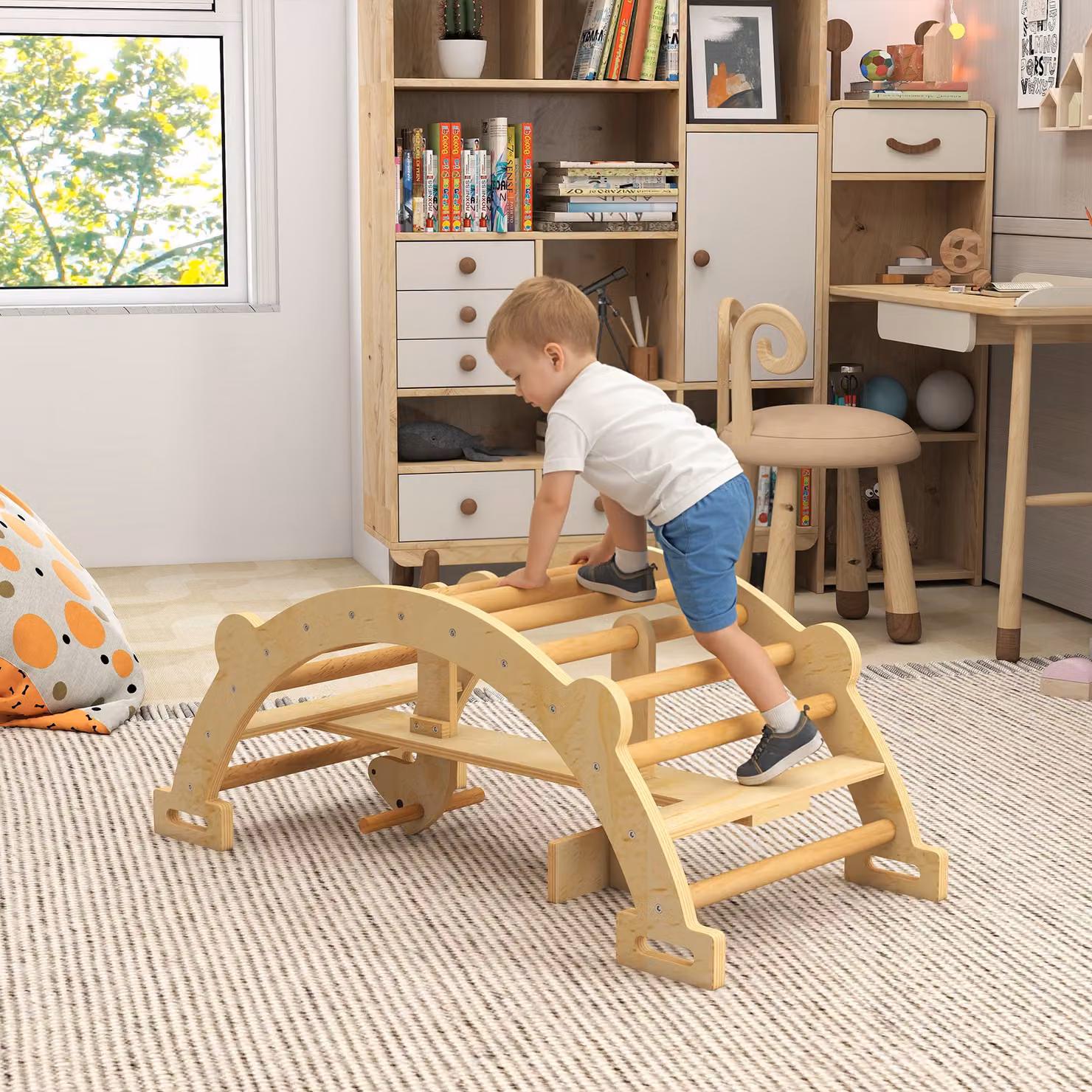 AIYAPLAY Arco Montessori in Legno per Bambini 2-4 Anni Convertibile in Dondolo, L/P/H: 110 x 52 x 45 cm, Colore Legno – 2