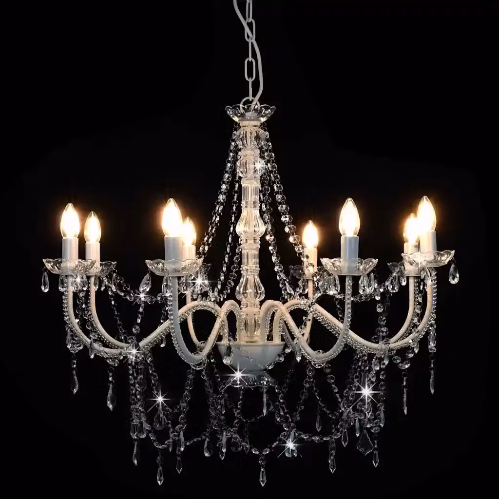 Lampadario a sospensione vidaXL in metallo e plastica con perline trasparenti e finitura argento e bianca, 8 lampadine E14 – 2