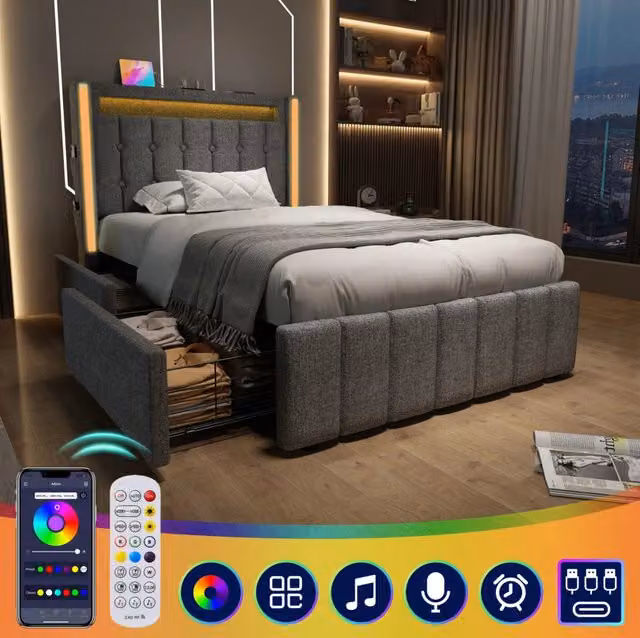 Letto singolo 90x200 cm con USB Type-C; LED e 2 cassetti; grigio