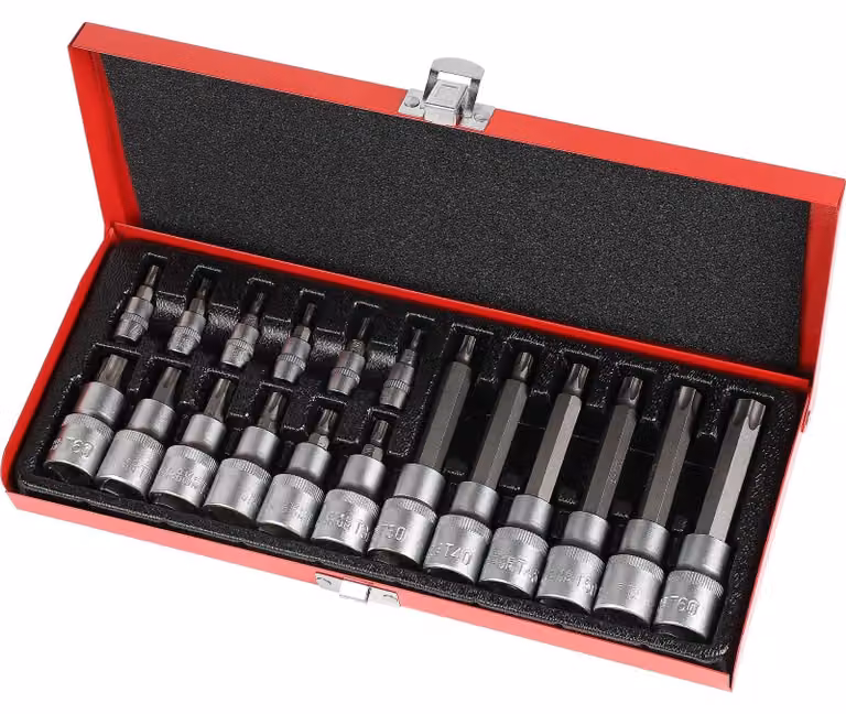 Set di chiavi a bussola Torx, 18 pezzi - 1/2 pollice - 1/4 di pollice - Custodia in metallo - Robusto - Adatto per applicazioni che richiedono un'elevata coppia