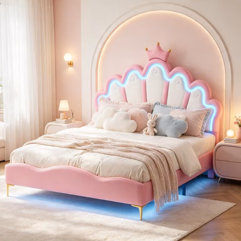 Letto per bambini INONEFT, 140x200 cm, letto a forma di principessa con LED, letto imbottito per bambine, letto matrimoniale con testiera a forma di , struttura del letto con rete a doghe, materiale: PU, colore: rosa