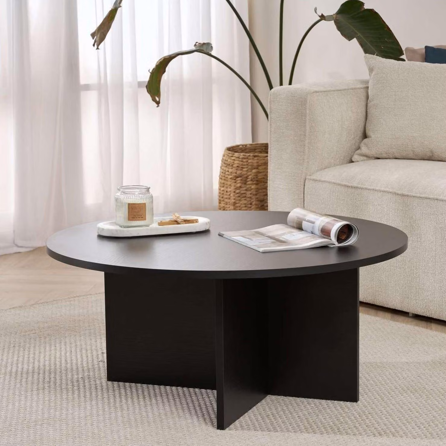 Dmora Tavolino da Salotto Simbario 90x90x40h cm Nero, Forma Rotondo Materiale Piano in Legno Nobilitato