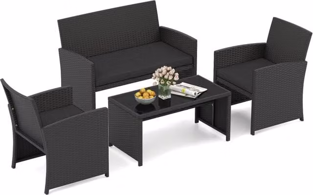 Set da salotto per patio in rattan 4 pezzi con divanetto e poltrone, Mobili da esterno con tavolino vetro temperato per giardino e piscina Nero