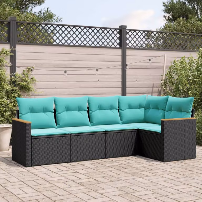 Set di divani da giardino vidaXL in polyrattan nero con cuscini e struttura in metallo a forma di L per esterno
