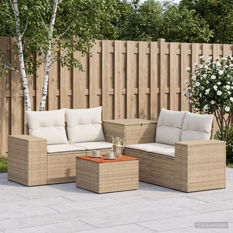 Set di divani da giardino vidaXL in polyrattan beige e bianco crema con cuscini e tavolino coordinato