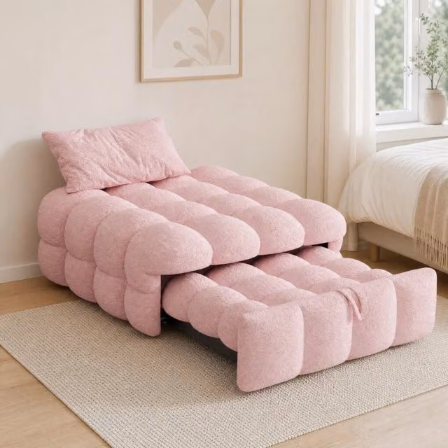 Divano letto moderno REDOM in tessuto Teddy colore rosa L: 183 cm, P: 76 cm, H: 42 cm