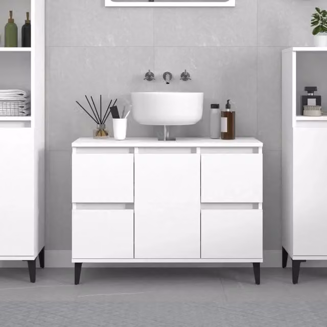 Mobile Lavabo Moderno VIDAXL Bianco con Ante e Cassetti, Sospeso, L: 80 cm, P: 33 cm, H: 60 cm – 1