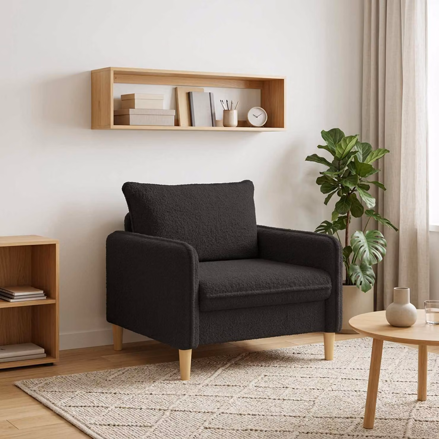 Poltrona lounge moderna vidaXL in tessuto bouclé nero con braccioli