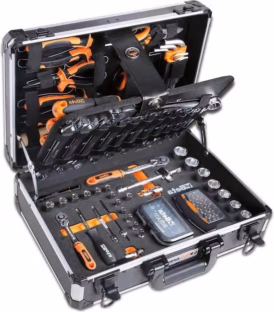 Cassetto per manutenzione generale in alluminio nero con 128 strumenti inclusi tra chiavi, pinze, martelli e chiavi a brugola