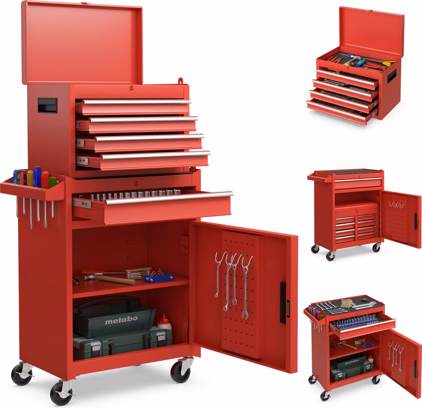 COSTWAY Carrello da officina 2in1 con valigetta, 8 scomparti, ganci e ripiano regolabile, carrello portautensili bloccabile su ruote fino a 100kg metallo 59x28x102cm