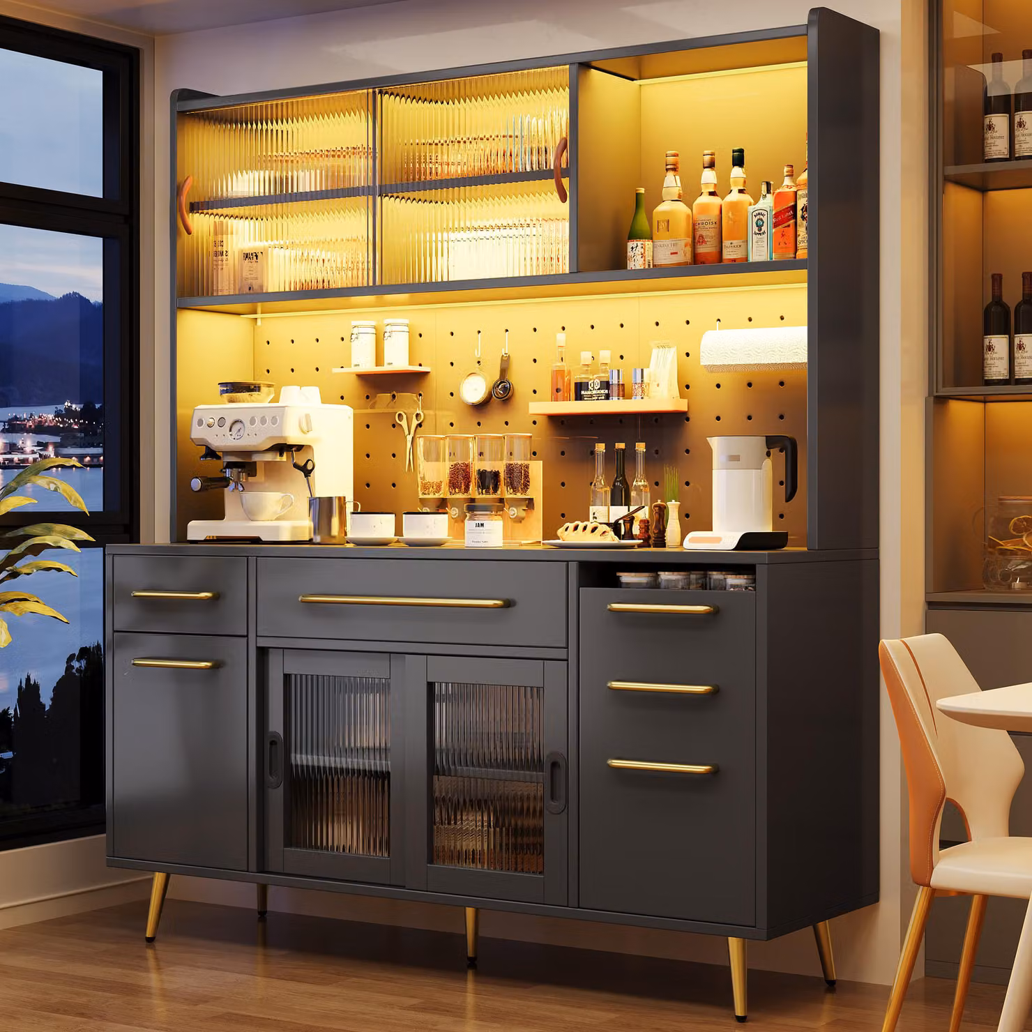 Flieks Credenza moderna con illuminazione a LED, mobile contenitore con pannello forato, cassetto e anta in vetro, mobile alto 145x39x171 cm, nero