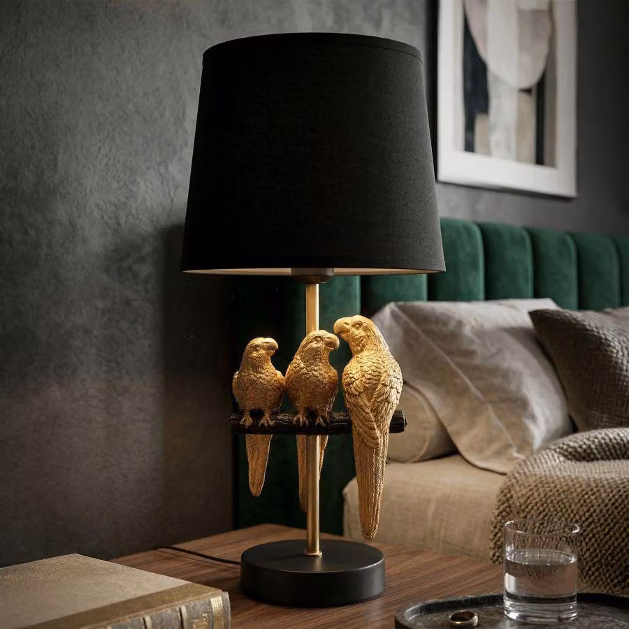 Lampada da tavolo in metallo dorata con pappagalli ø cm 20x39