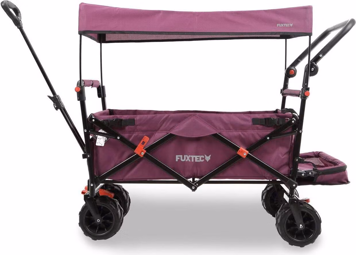 Carrello da spiaggia pieghevole FUXTEC FX-CTB800 VIOLA con tettuccio parasole protetto dai raggi UV, maniglia di spinta e prolungamento interno Purpur