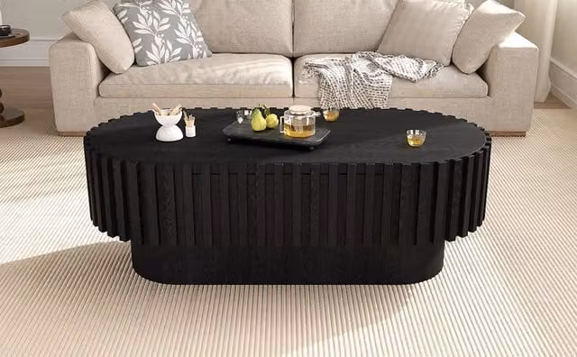 Tavolino basso fisso ovale con cassetto in MDF nero decorazione a lamelle verticali 100 × 50 × 35.5 cm