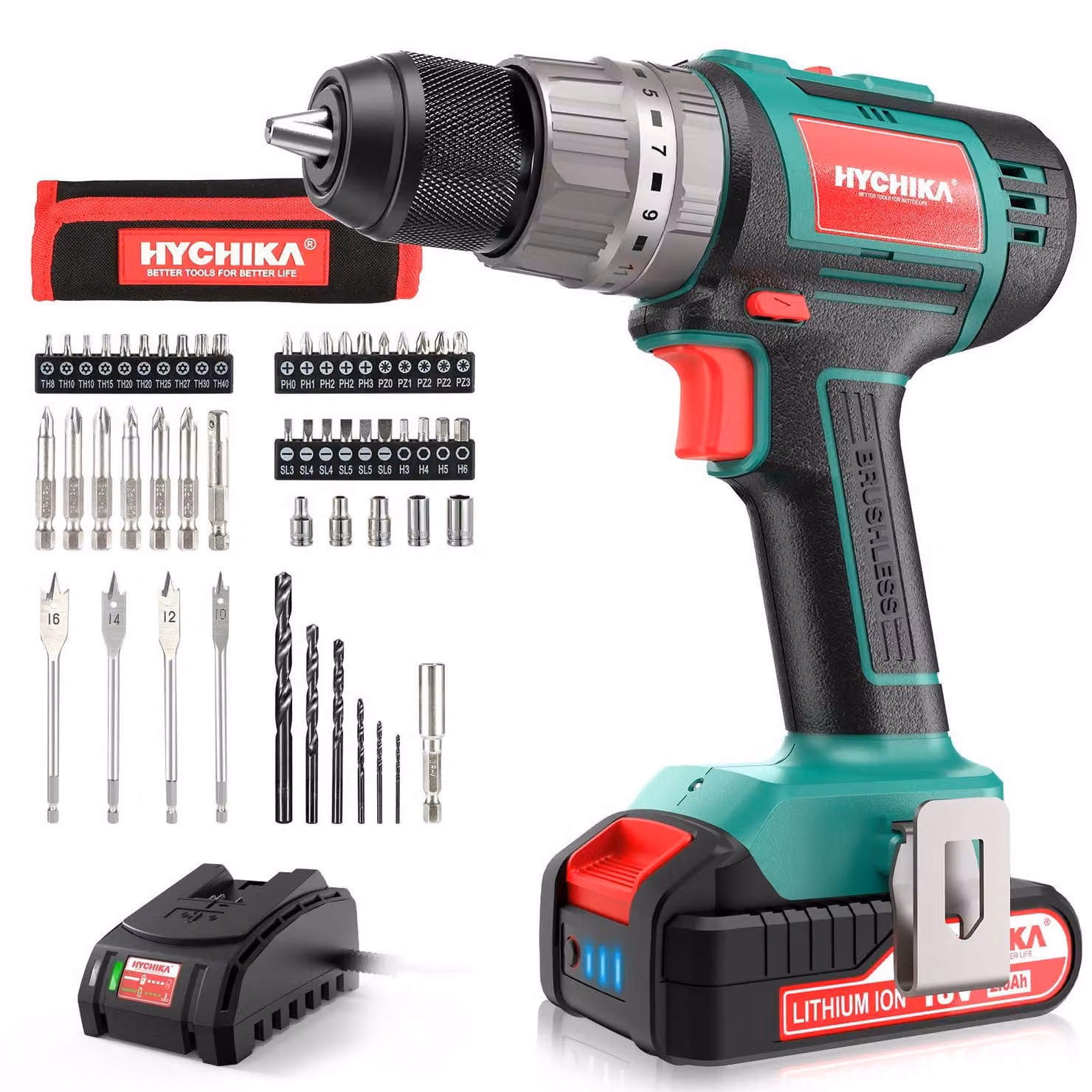 Trapano avvitatore a batteria HYCHIKA, 60Nm di coppia massima, 18V, motore brushless, con batteria da 2.0Ah e 53... (il resto del codice prodotto o numero di modello è mancante)