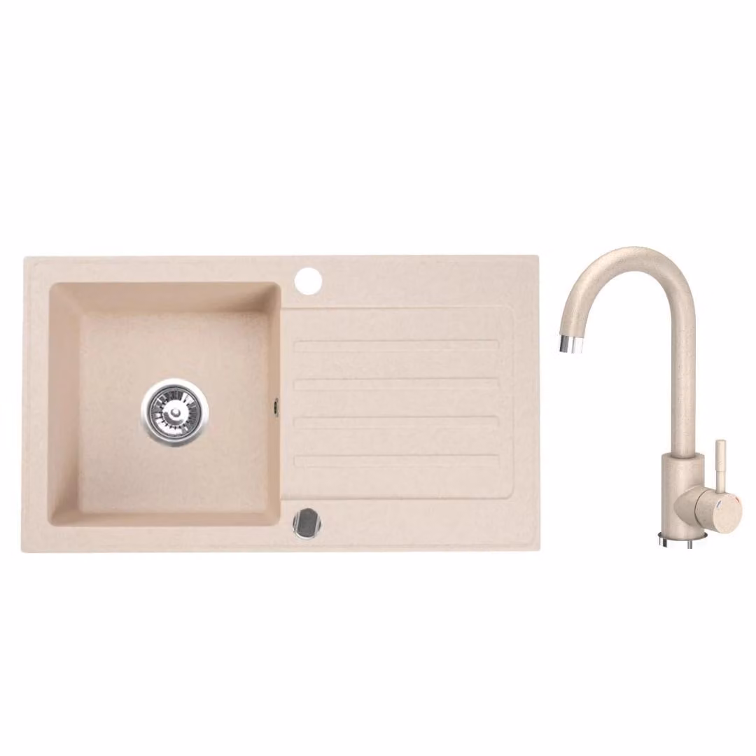 VBChome Lavello in granito 76 x 44 cm Beige con rubinetto Lavello da incasso a vasca singola Reversibile Macchiettato Lavello facile da pulire con sifone Ideale per piccoli spazi