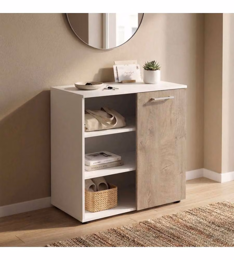 Mobiletto Ingresso Cosma con 1 Anta e 3 Mensole, Bianco e Marrone, L: 68 cm, P: 35 cm, H: 87 cm