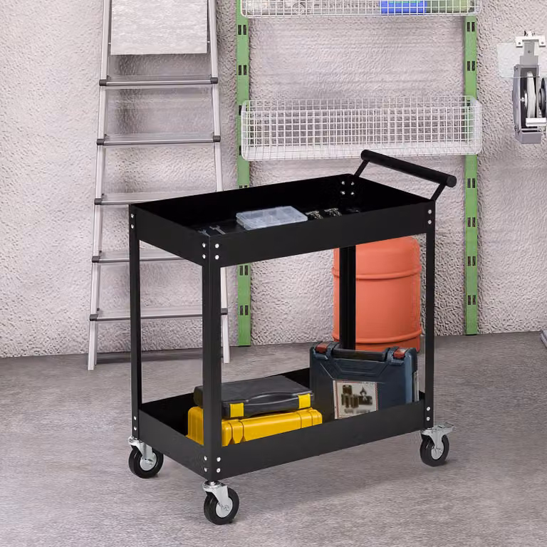 Carrello da officina con 2 ripiani e ruote girevoli – Carrello in acciaio – Capacità di carico: 150 kg