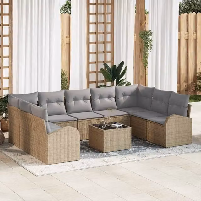 Set di divani da giardino vidaXL a 9 posti in rattan con tavolo da caffè, colore beige e grigio, design moderno a forma di U per esterno – 1