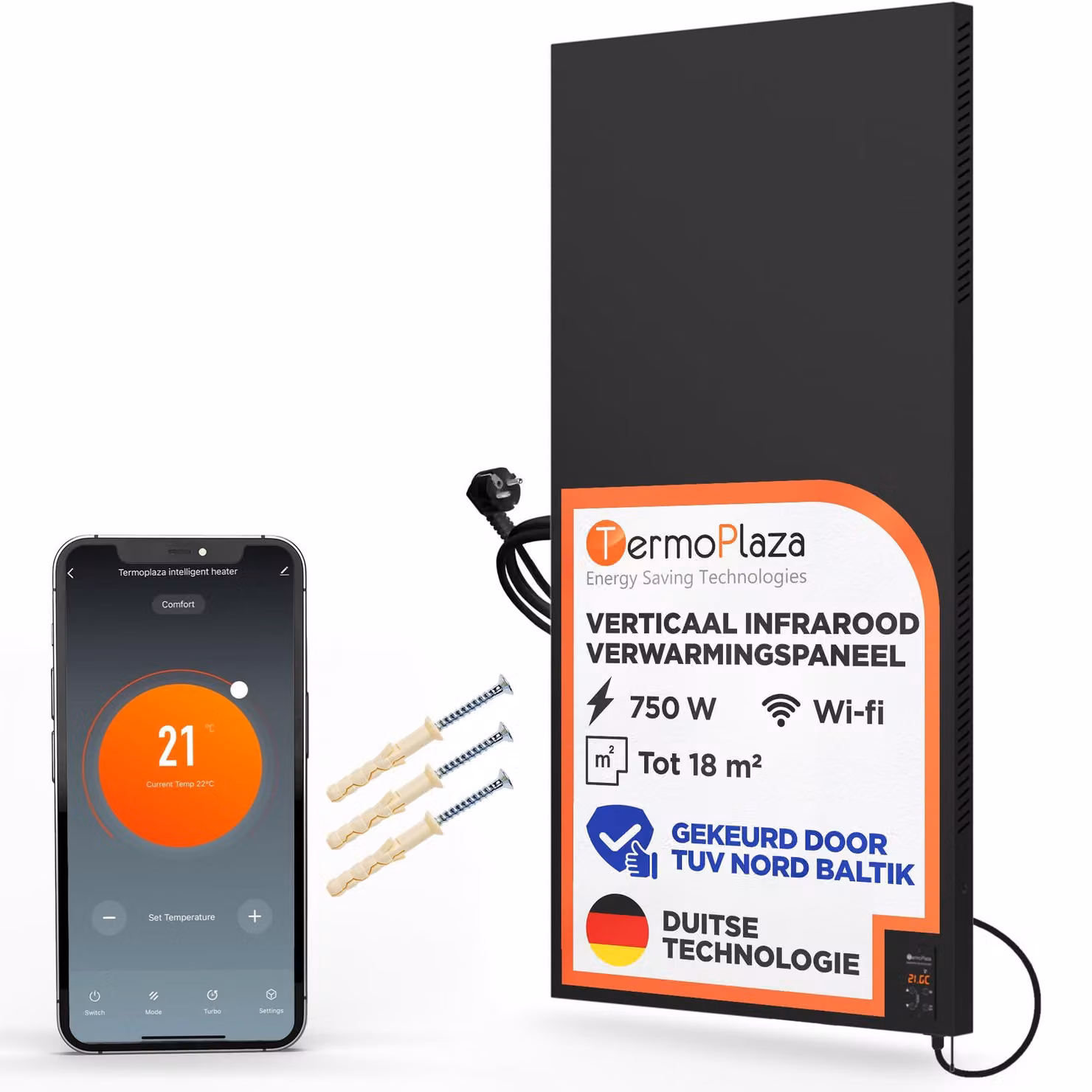 Pannello radiante a infrarossi da 750 W - Pannello riscaldante elettrico - Con controllo tramite app Wi-Fi - Bianco