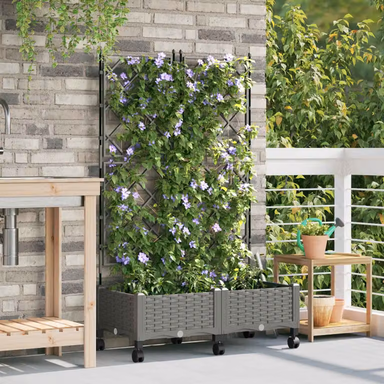Set di 2 vasi da giardino con grigliato e ruote vidaXL in plastica Grigio Chiaro H: 131,5 cm, L: 80 cm, P: 40 cm