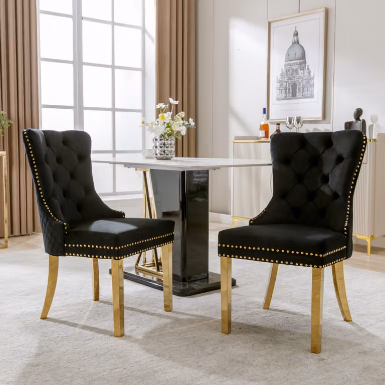 Sedie da pranzo Okwish 2 pezzi, con maniglie circolari uniche sul retro, velluto, nero/oro (2 pezzi)