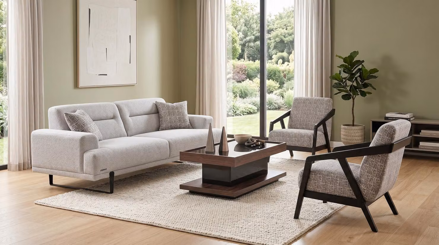 Set elegante per soggiorno: divano a 3 posti, poltrona (x2) e tavolino da caffè. Design moderno e confortevole