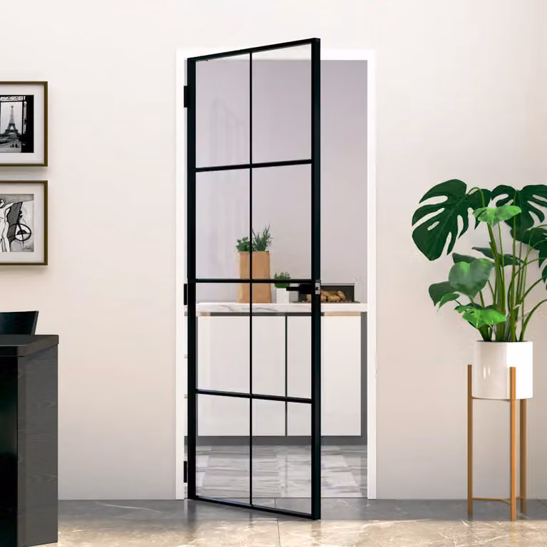 Porta interna moderna vidaXL in alluminio e vetro temperato trasparente, colore nero, L: 83 cm, H: 201,5 cm