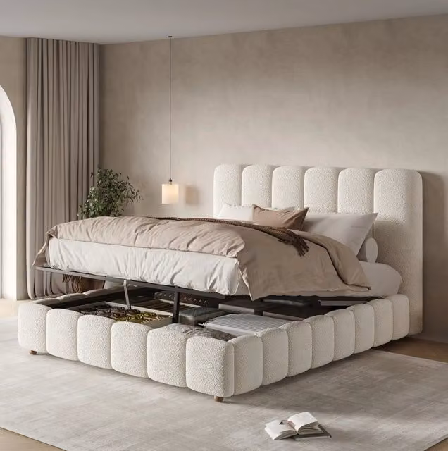 Letto matrimoniale 140x200 cm con contenitore idraulico e rete a doghe; bouclé bianco