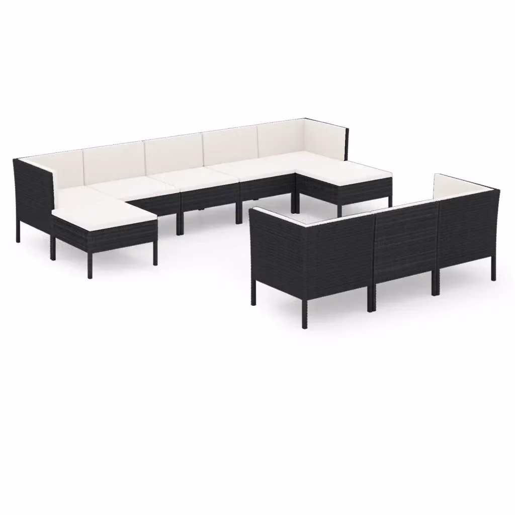 Set di divani da giardino vidaXL a forma di U composto da 10 pezzi con cuscini bianchi e struttura in rattan nero e metallo – 2