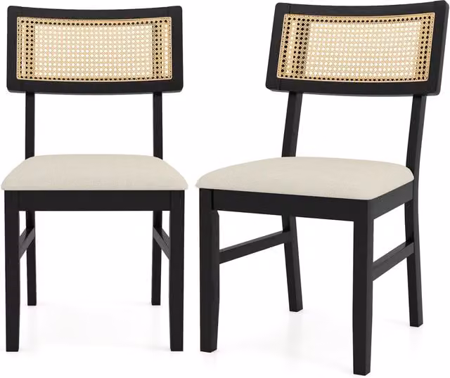 Set sedie pranzo 2 rattan imbottite tessuto rivestimento legno, Set sedie cucina schienale curvo soggiorno sala pranzo ristorante