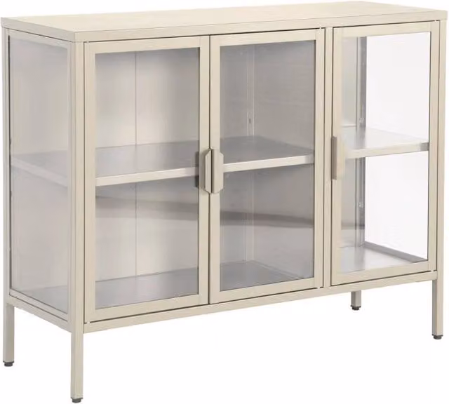 Credenza industriale Sweeek in metallo e vetro temperato con 3 ante, L: 100 cm, H: 80,5 cm, P: 35 cm
