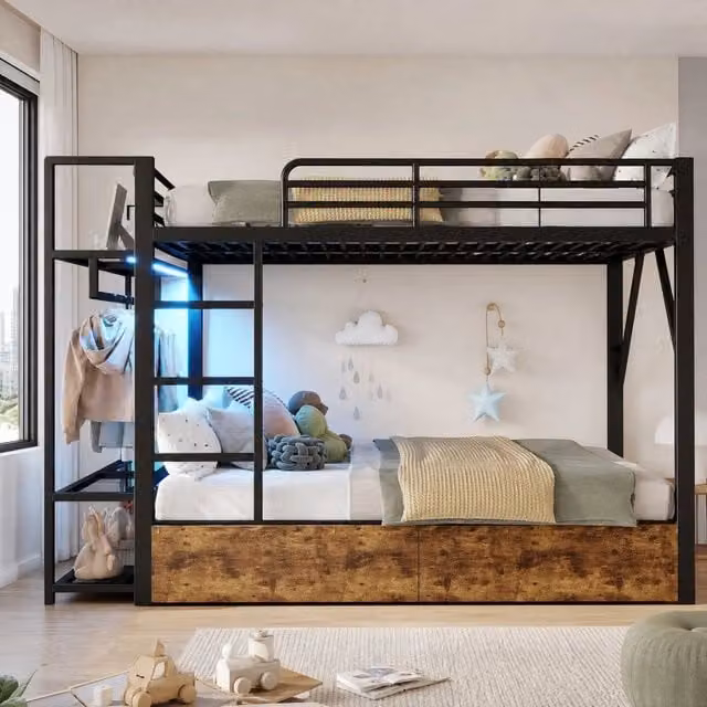 Letto a castello 140 x 200 cm nero in metallo e MDF con LED, cassetti e ripiani