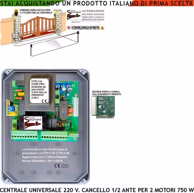 Centrale per cancello a due ante Securvera CTR17 PM8000 Universale 220 V con scheda radio e regolazioni a trimmer