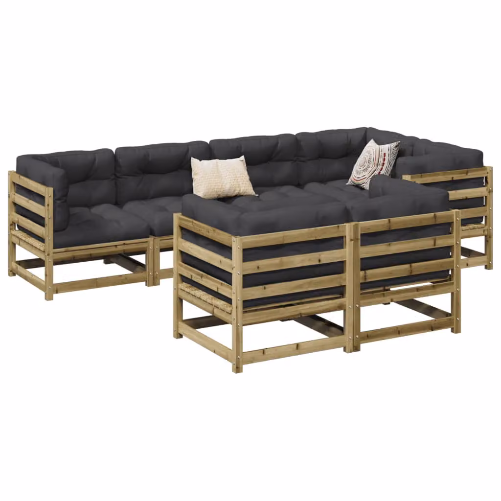 Set di divani da giardino vidaXL in legno di pino a forma di L, 7 pezzi con cuscini inclusi, marrone e grigio