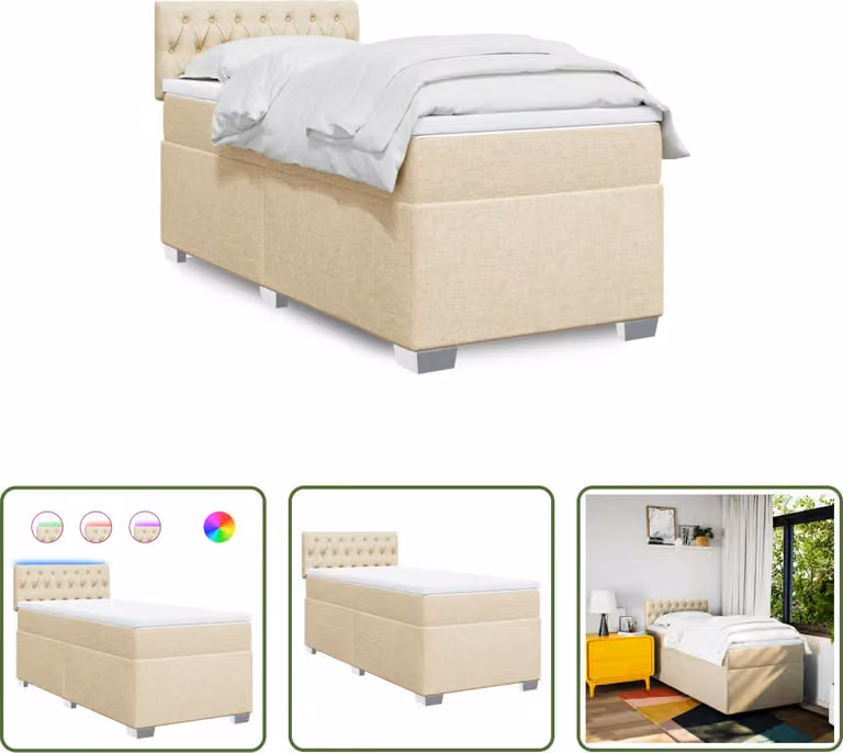 The Living Store Letto a molle con materasso crema 90x200 cm in tessuto