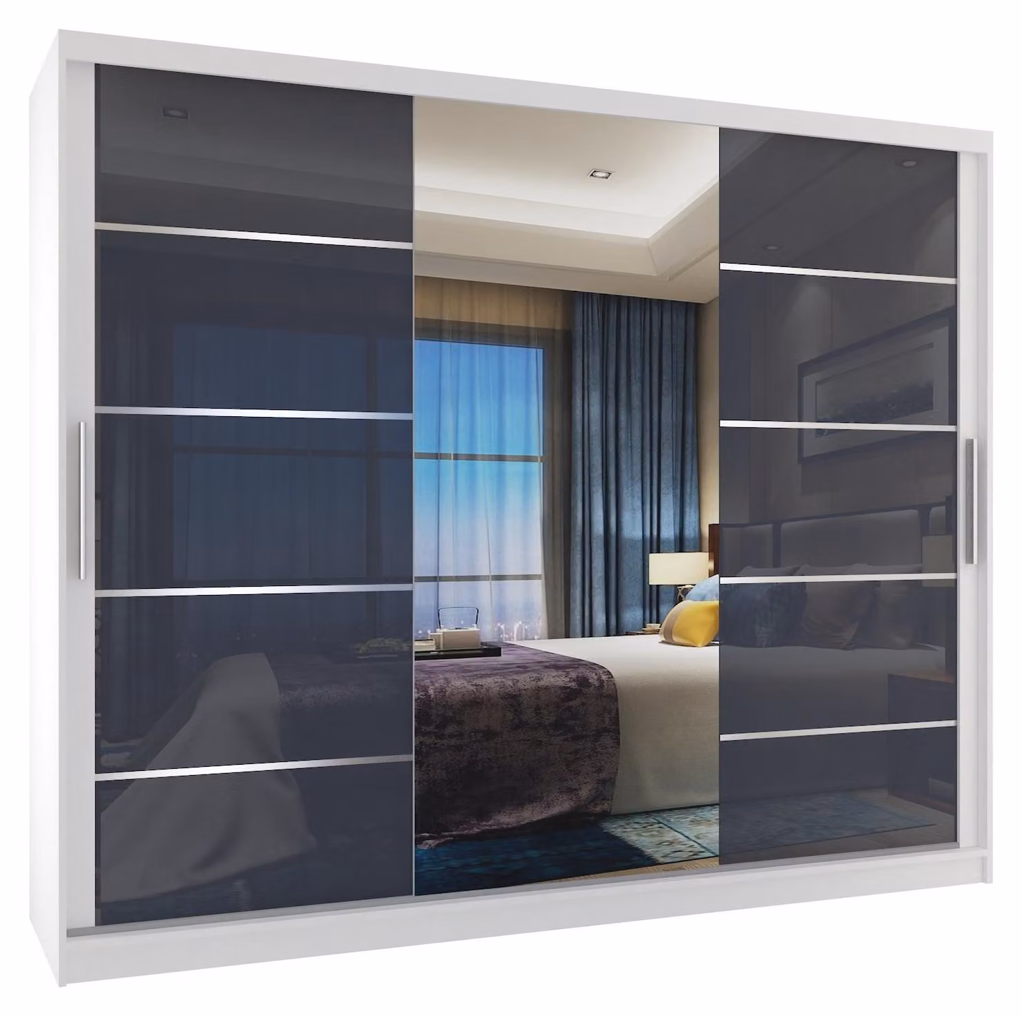 BELINI Verona, armadio scorrevole da 232 cm, bianco/grigio lucido - armadio con specchio e 4 cassetti, ideale per la camera da letto