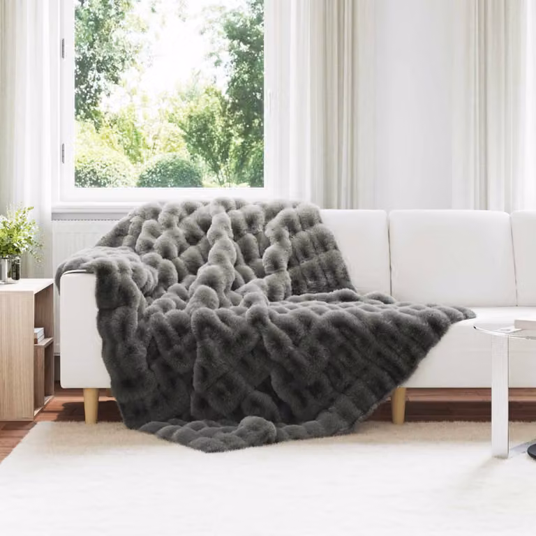 Coperta antiscivolo vidaXL in ecopelliccia di coniglio Olite Grigio Scuro L/P: 220 x 150 cm