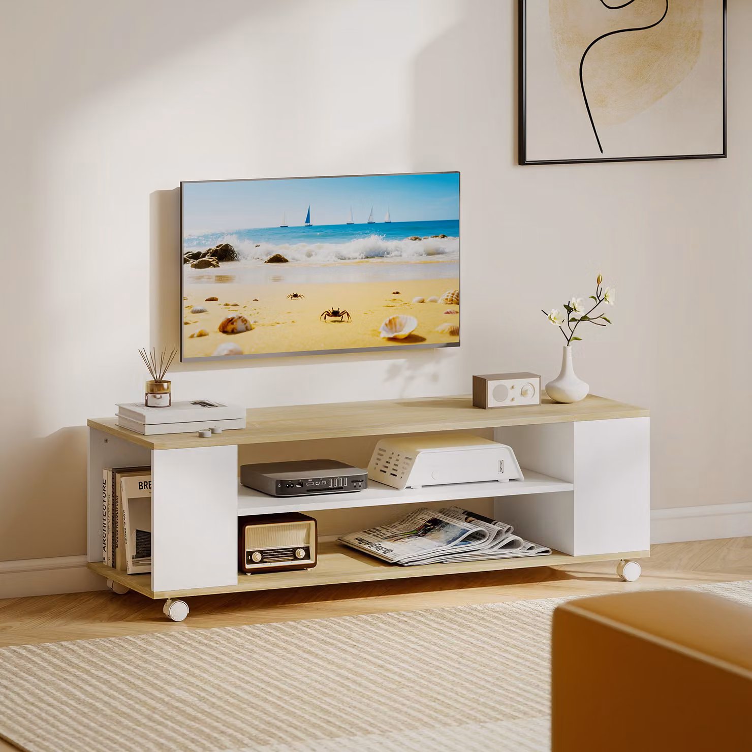 Mobile TV HOMCOM con ruote, supporto per televisori fino a 140 cm con 2 ripiani aperti, Bianco e Naturale – 2