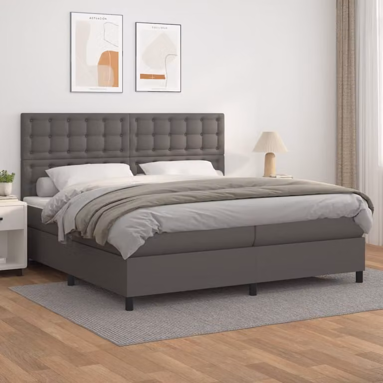 The Living Store Letto a molle con materasso grigio 200x200 cm in Pelle finta